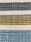 Grey/Lime/Blue/Teal Basket Weave effect Stripes Running across the Fabric - with Fire Retardant Finish