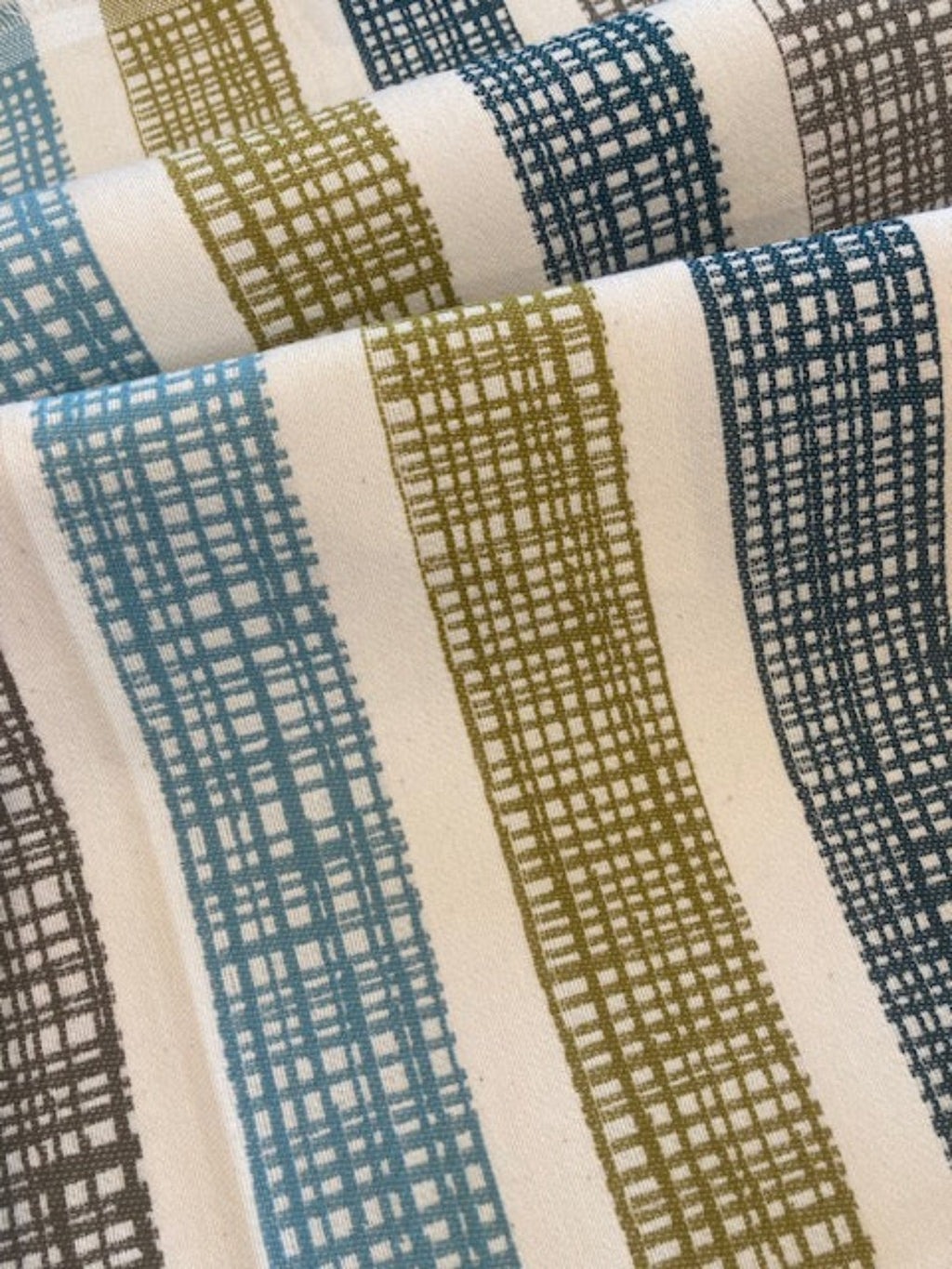 Grey, Lime, Blue & Teal Basket Weave Stripe Cotton Fabric – Fire Retar ...