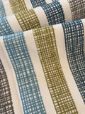 Grey/Lime/Blue/Teal Basket Weave effect Stripes Running across the Fabric - with Fire Retardant Finish