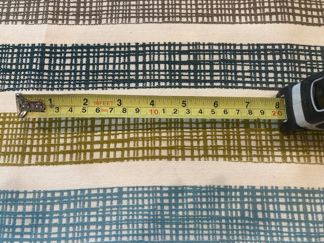 Grey/Lime/Blue/Teal Basket Weave effect Stripes Running across the Fabric - with Fire Retardant Finish
