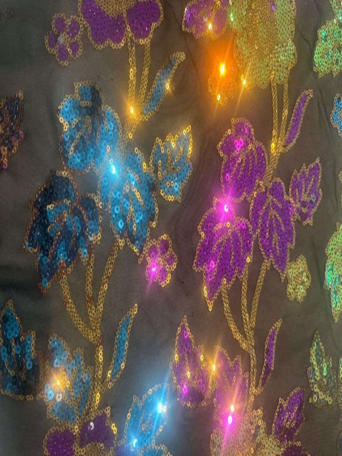 Multi Coloured Flower Design Sequin on Black Mesh