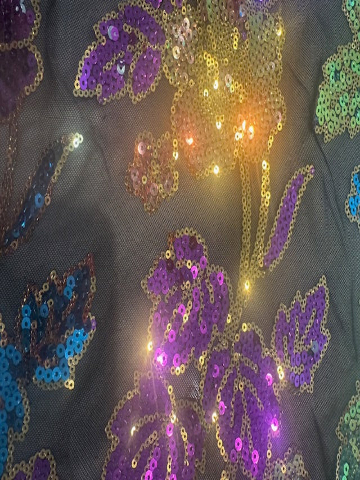 Multi Coloured Flower Design Sequin on Black Mesh