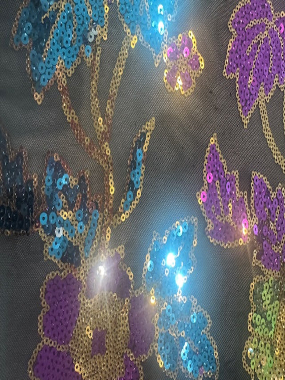 Multi Coloured Flower Design Sequin on Black Mesh