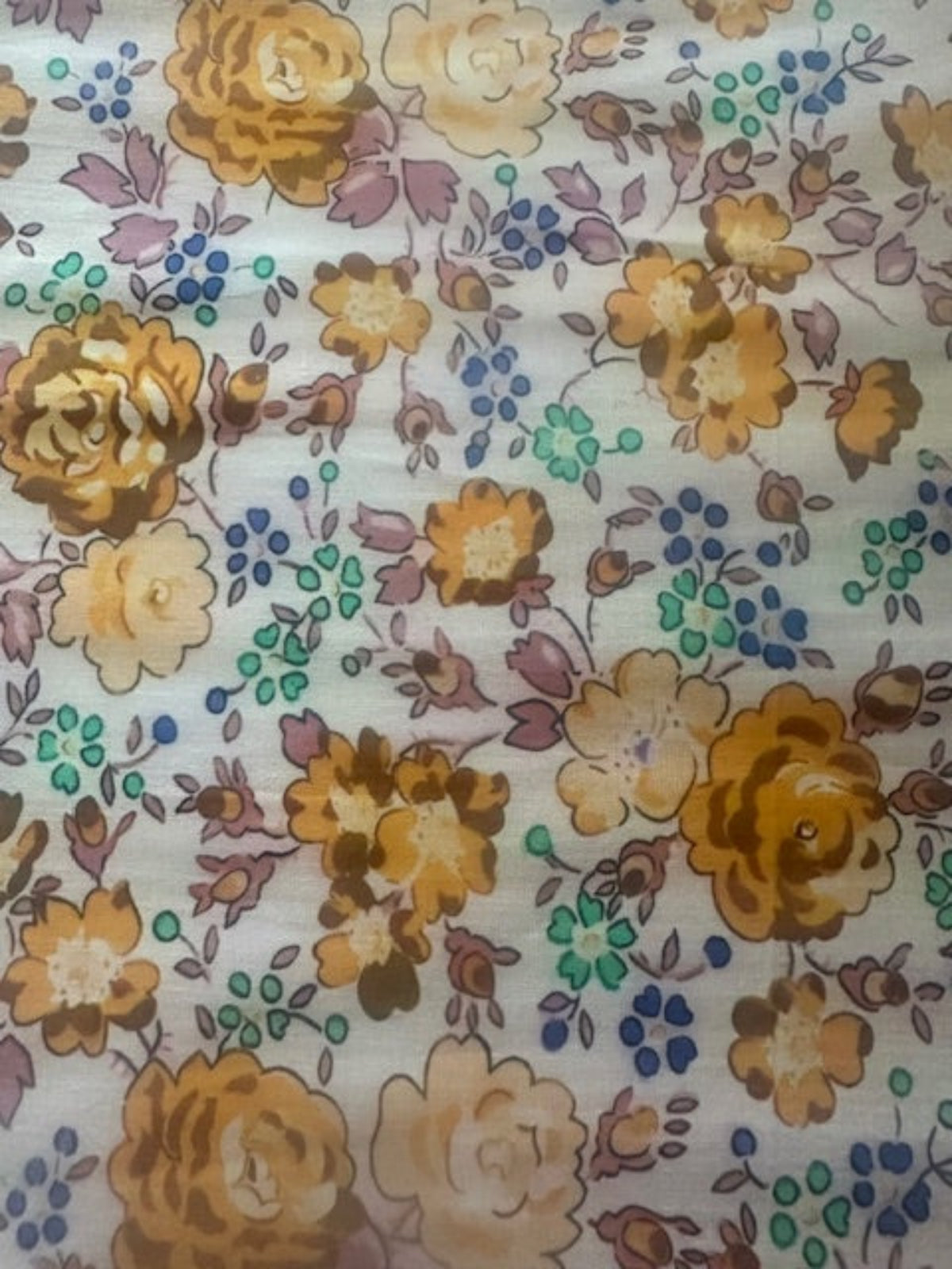 Mustard/Mauve Floral with Green/Blue Highlights on Cotton Lawn