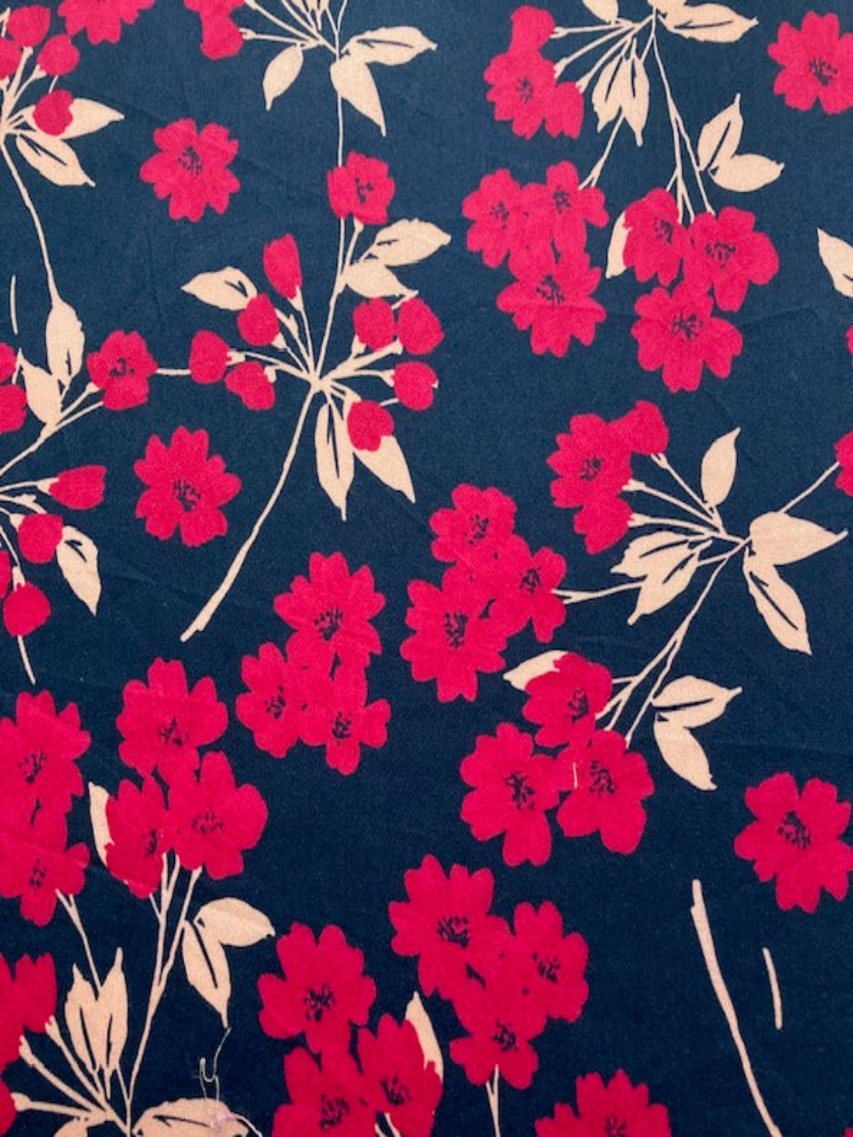 Red Blossom Sprigs on Navy Cotton Sateen