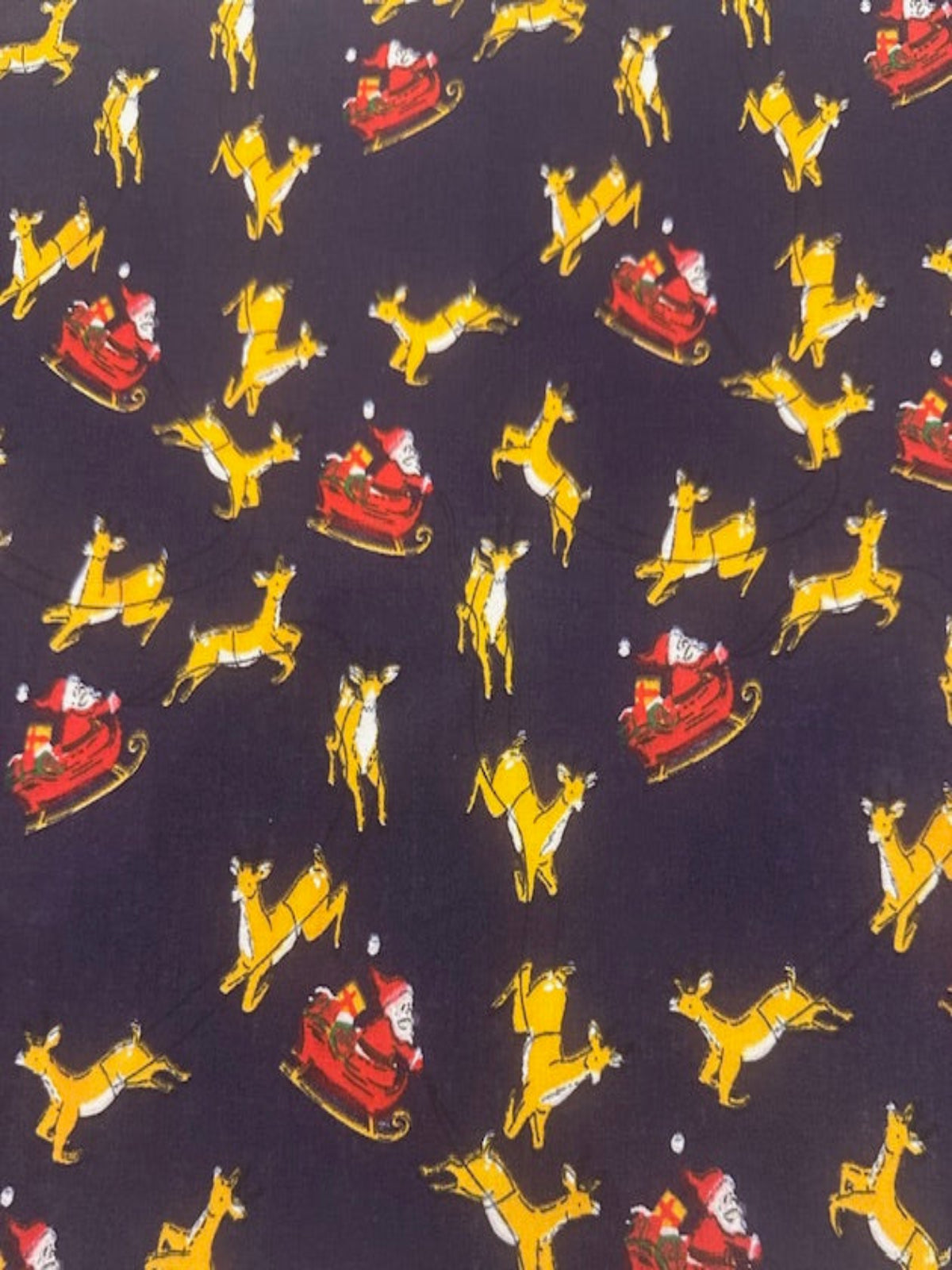 Santa Sleigh & Reindeer on Navy Poly/Cotton
