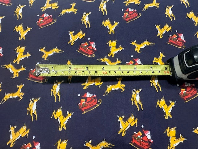 Santa Sleigh & Reindeer on Navy Poly/Cotton
