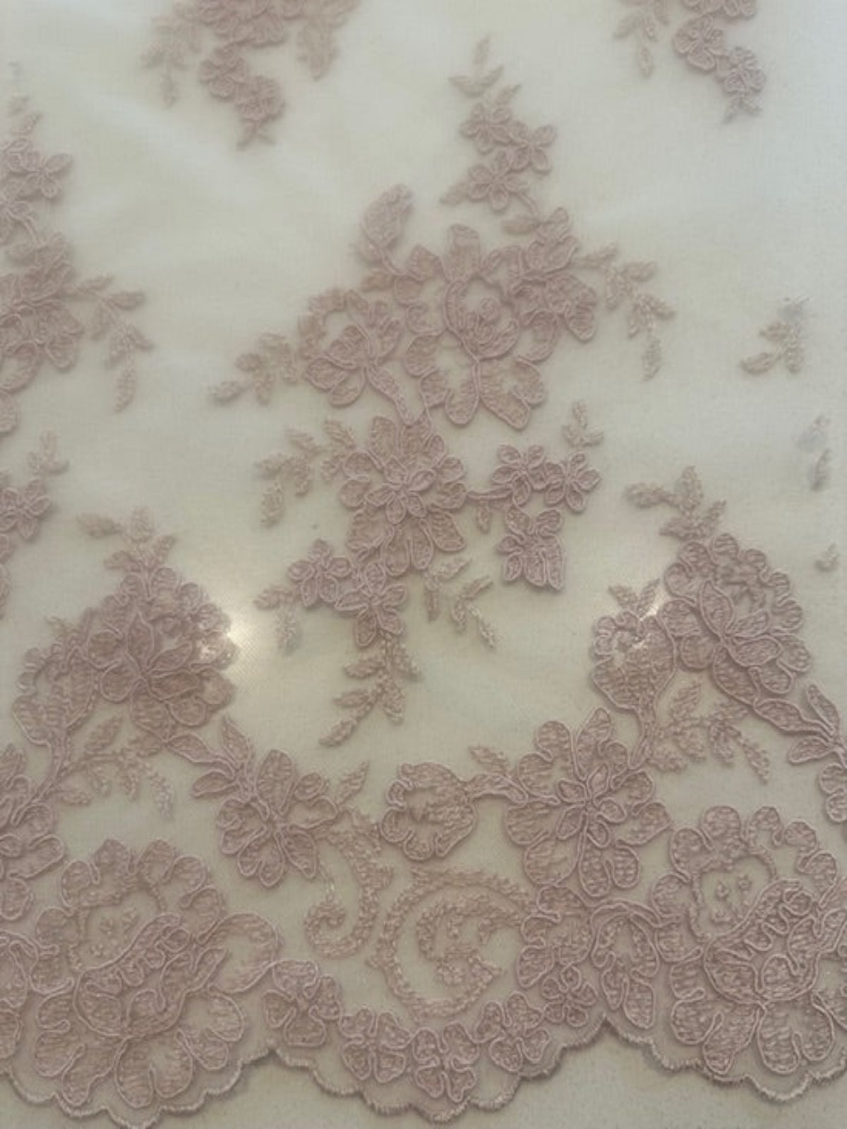 Nude Corded Embroidery on Tulle with Scalloped Edge