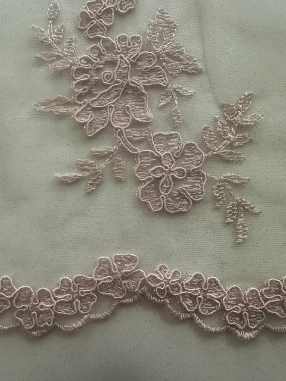 Nude Corded Embroidery on Tulle with Scalloped Edge