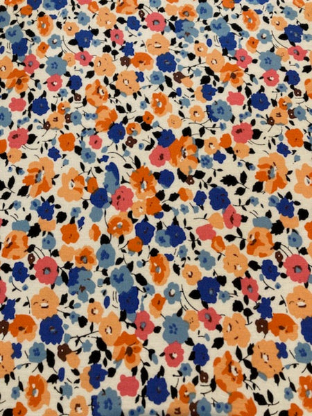 Blue/Orange Small Flowers on White Cotton Lawn