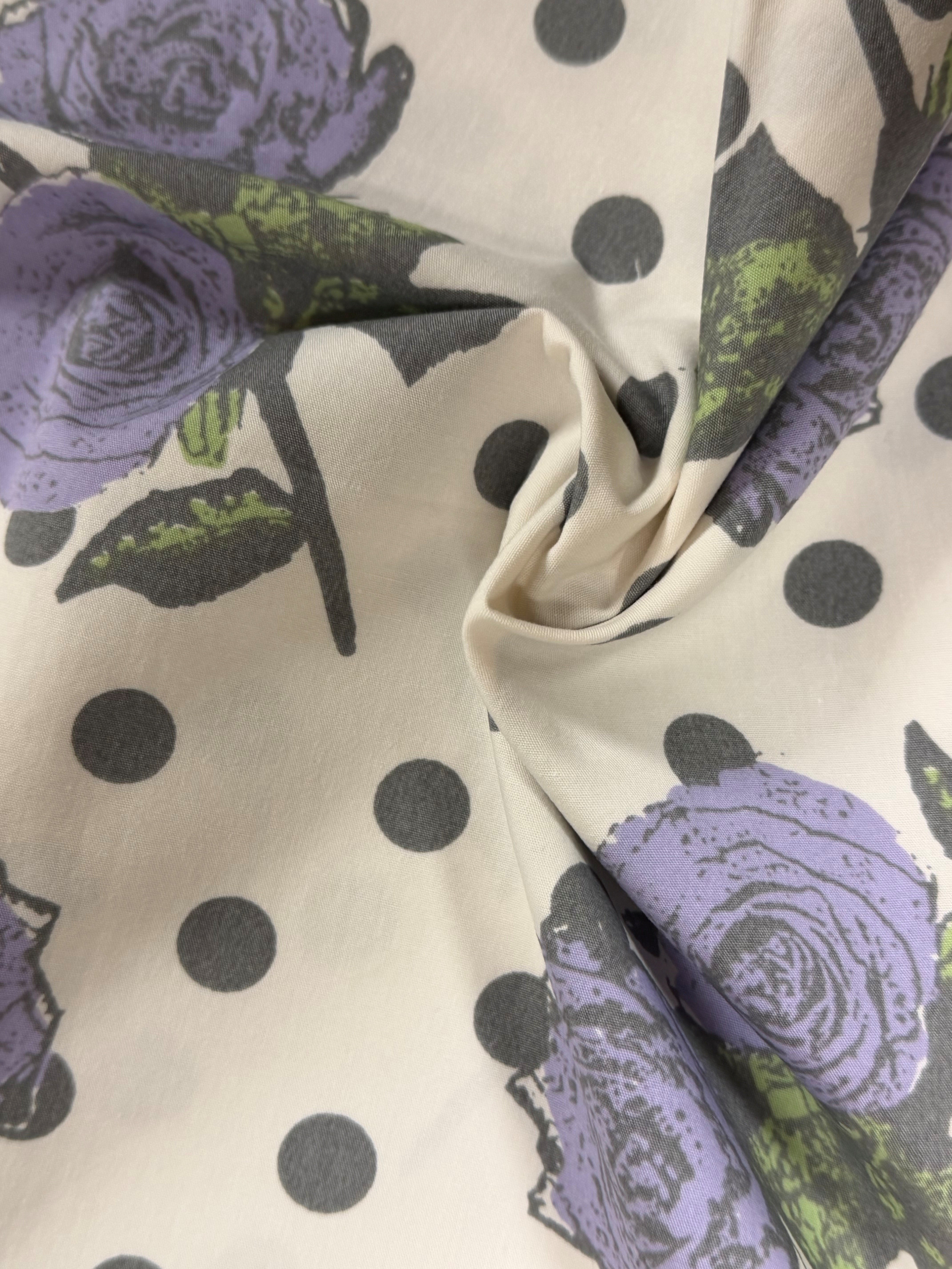 Ivory Cotton Fabric with Polka Dots & Floral Print – 163 cm Wide