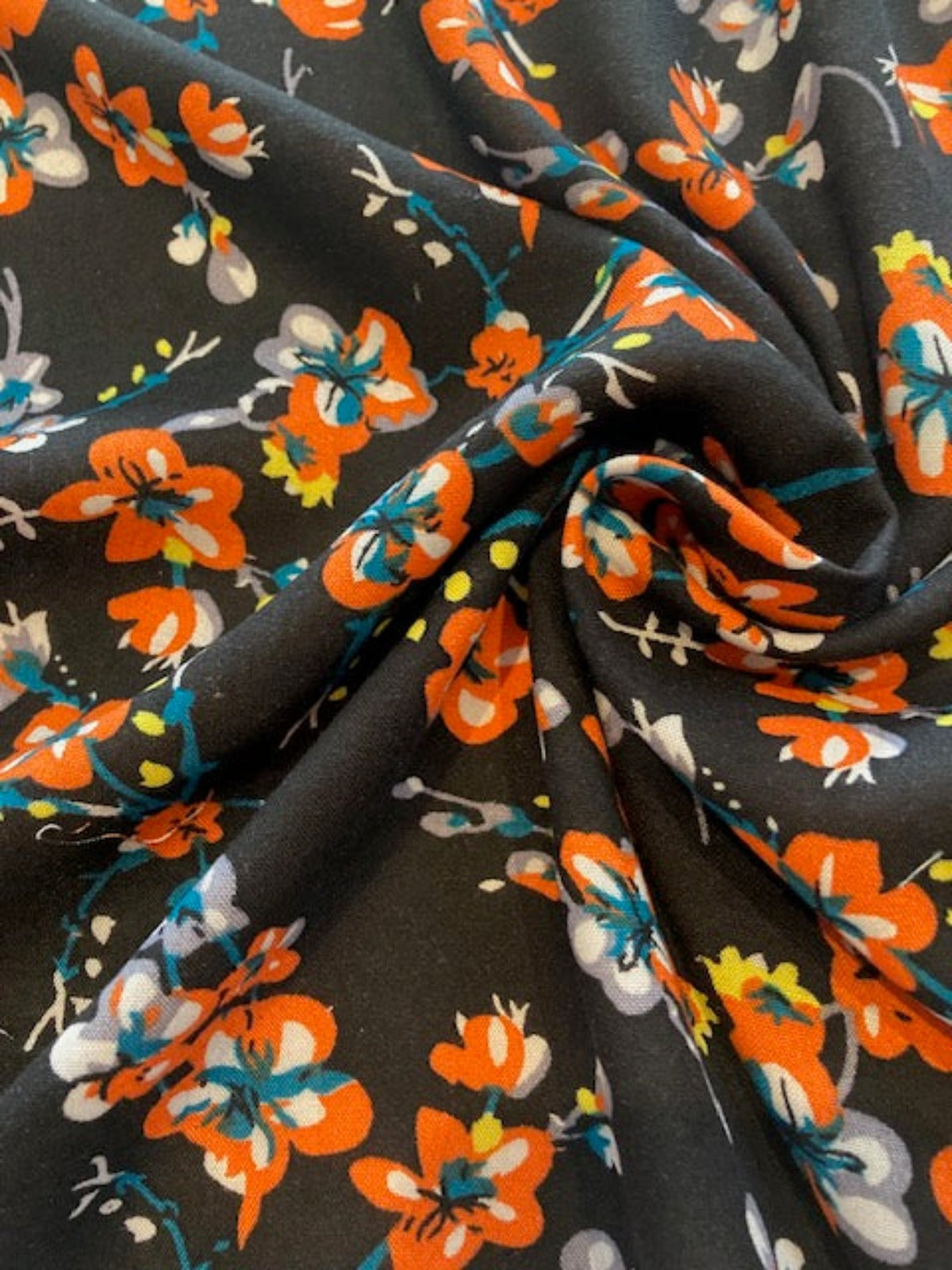 Orange Flowers on Black Viscose Print