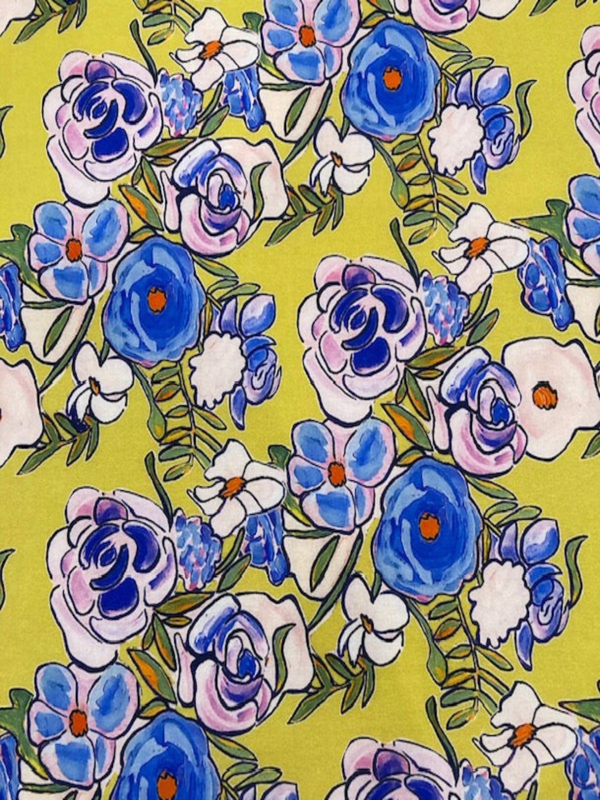 Blue & Pink Abstract Roses on Lime Green – Fine Cotton, 145 cm Wide