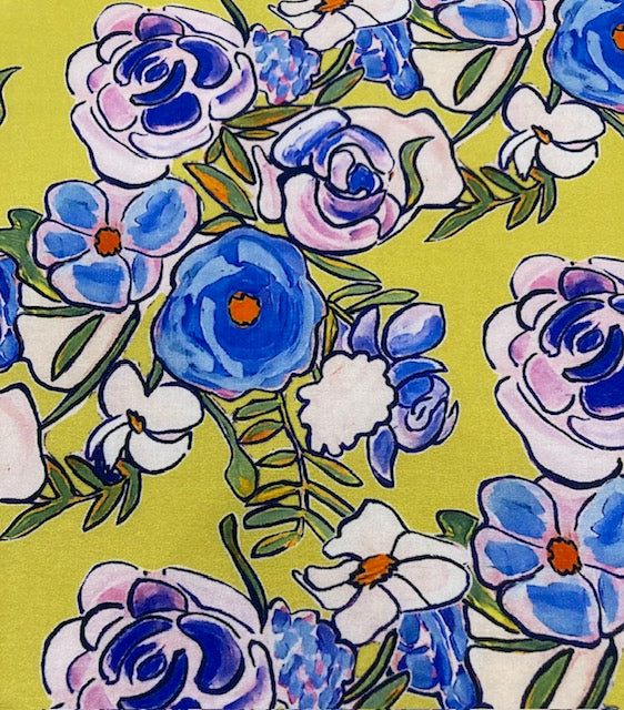 Blue & Pink Abstract Roses on Lime Green – Fine Cotton, 145 cm Wide
