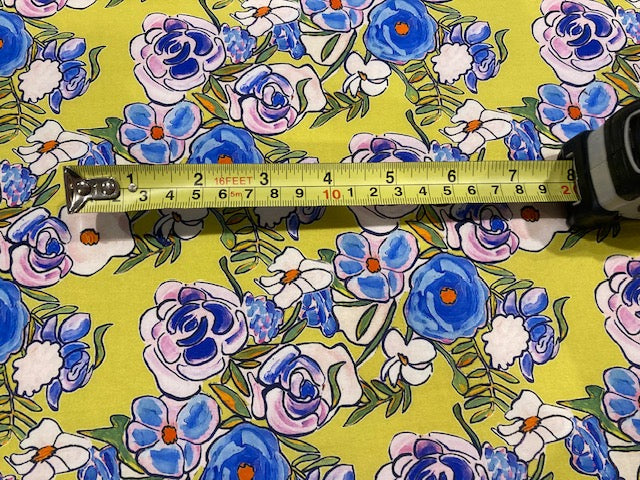 Blue & Pink Abstract Roses on Lime Green – Fine Cotton, 145 cm Wide