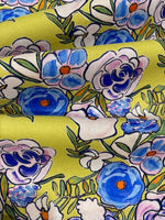 Blue/Pink Abstract Roses on Lime Green Fine Cotton