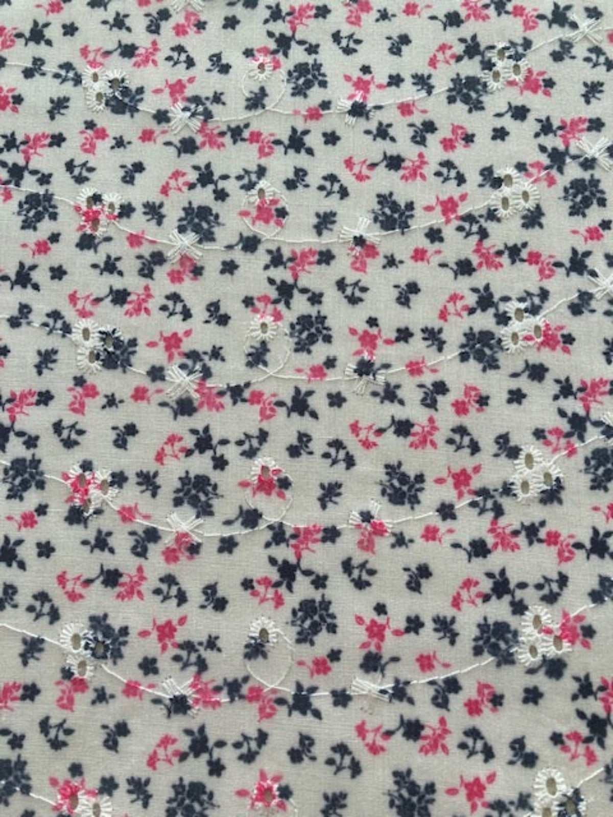 Crimson/Black Ditsy on Embroidered Broderie Anglais, Cotton Feel