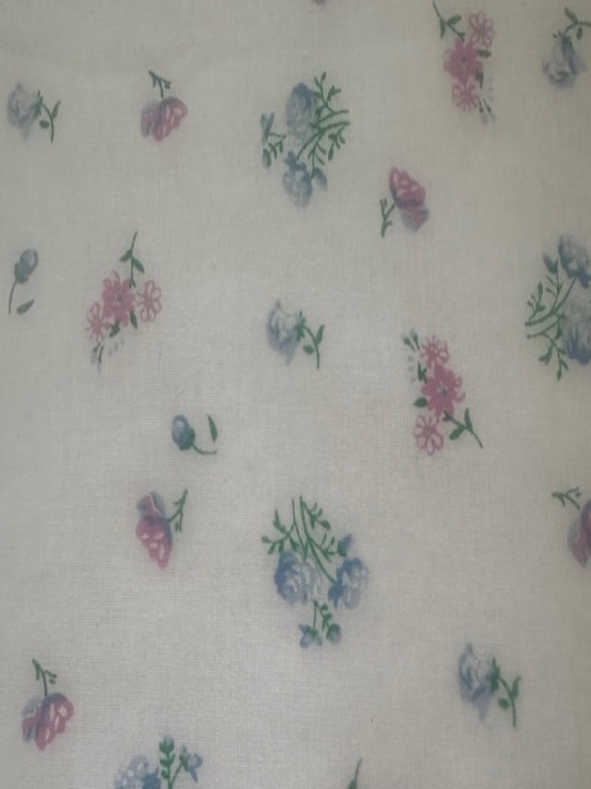 Blue & Pink Ditsy Floral on White Poly/Cotton