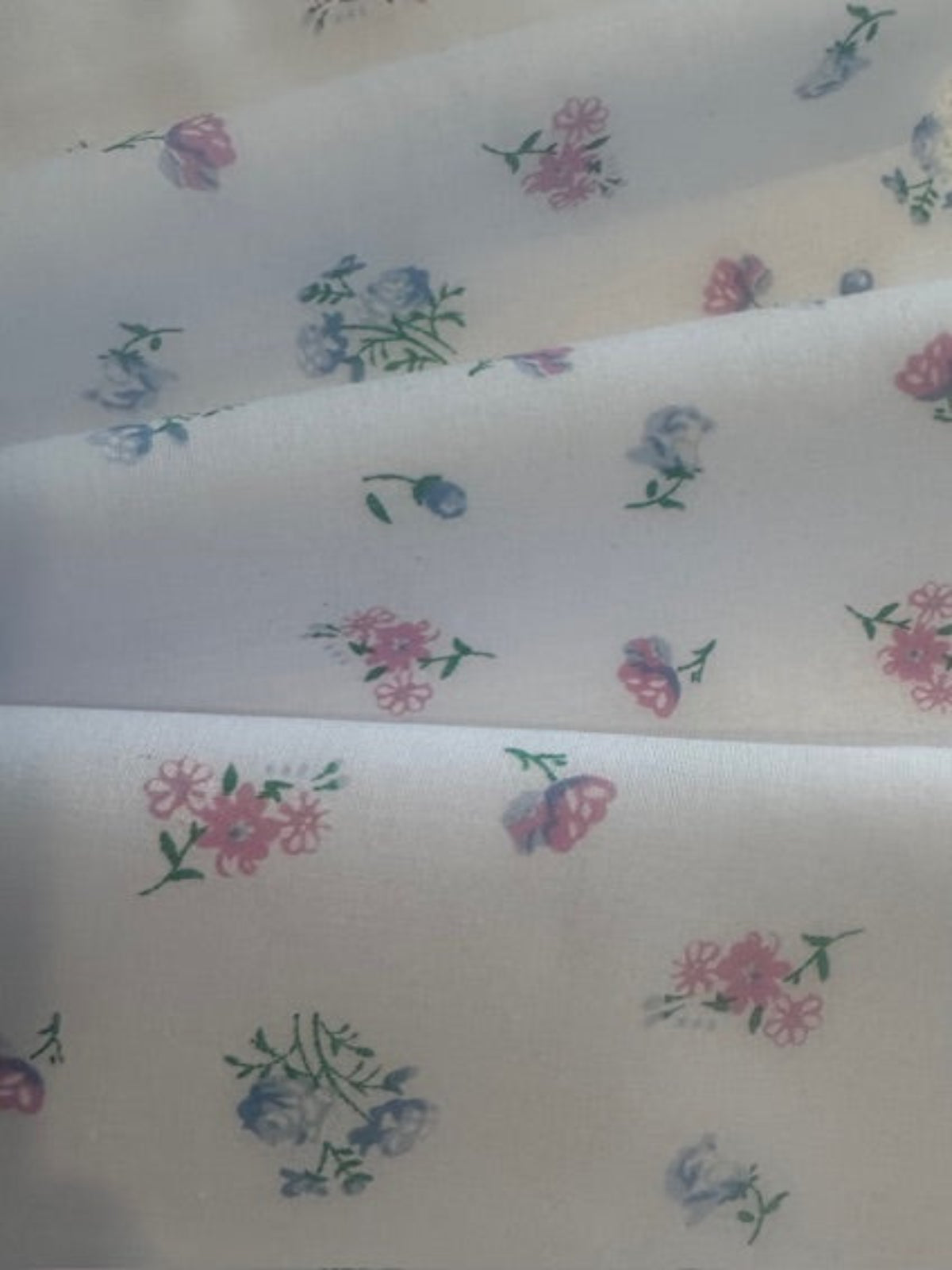 Blue & Pink Ditsy Floral on White Poly/Cotton
