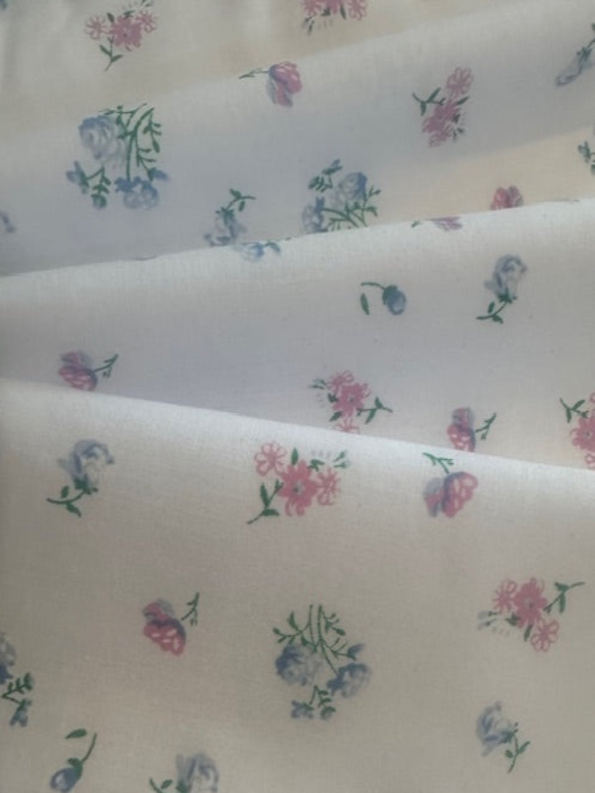 Blue & Pink Ditsy Floral on White Poly/Cotton