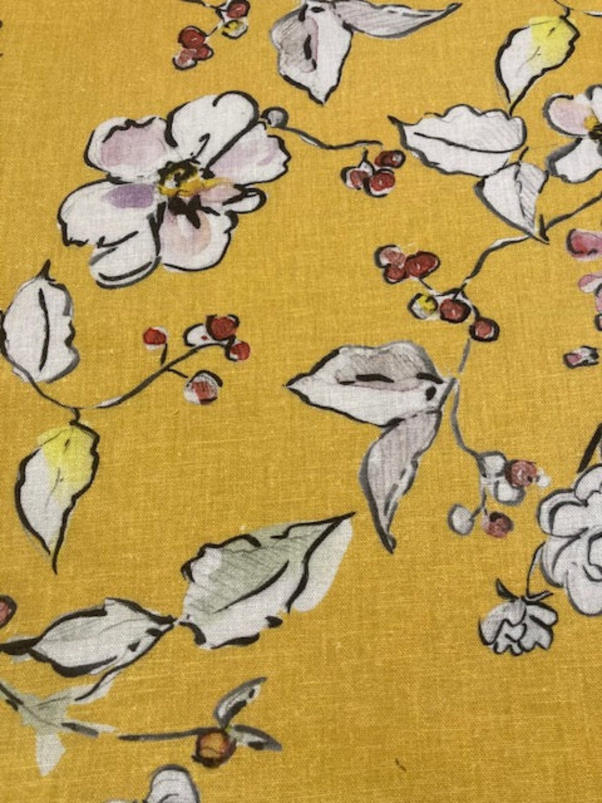 Pink Flowers on Bright Mustard Linen/Rayon