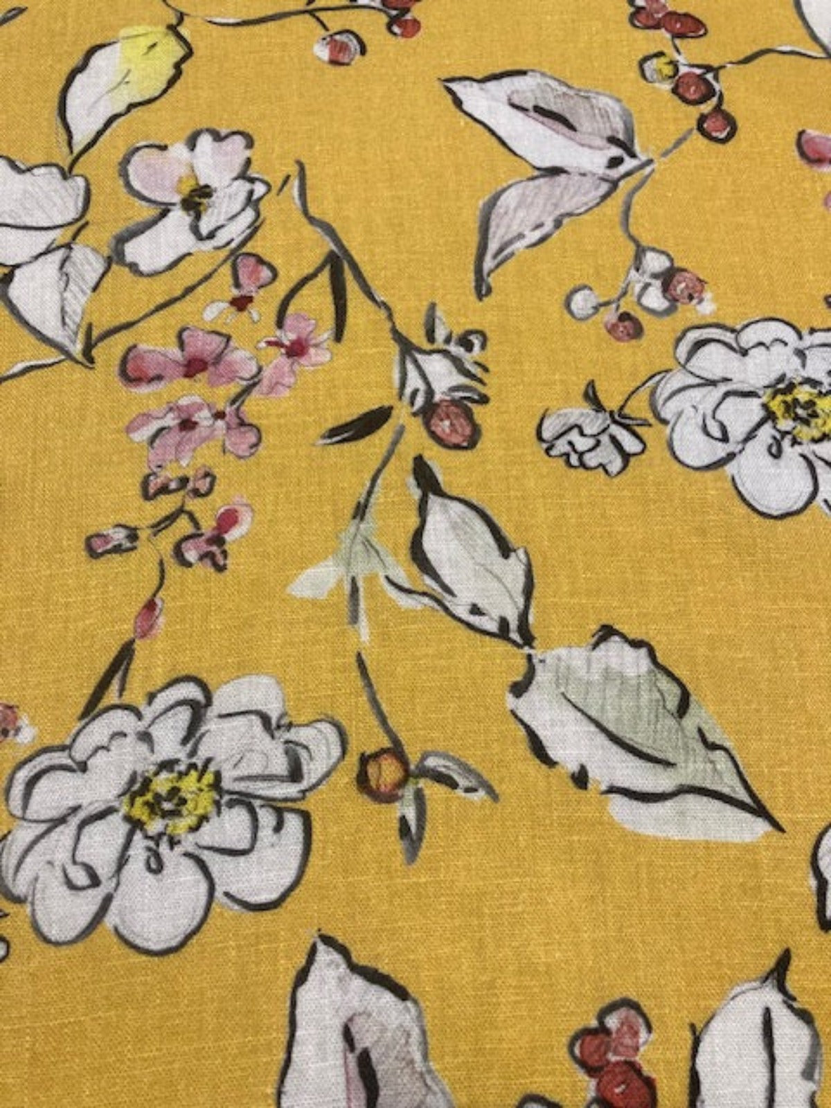 Pink Flowers on Bright Mustard Linen/Rayon