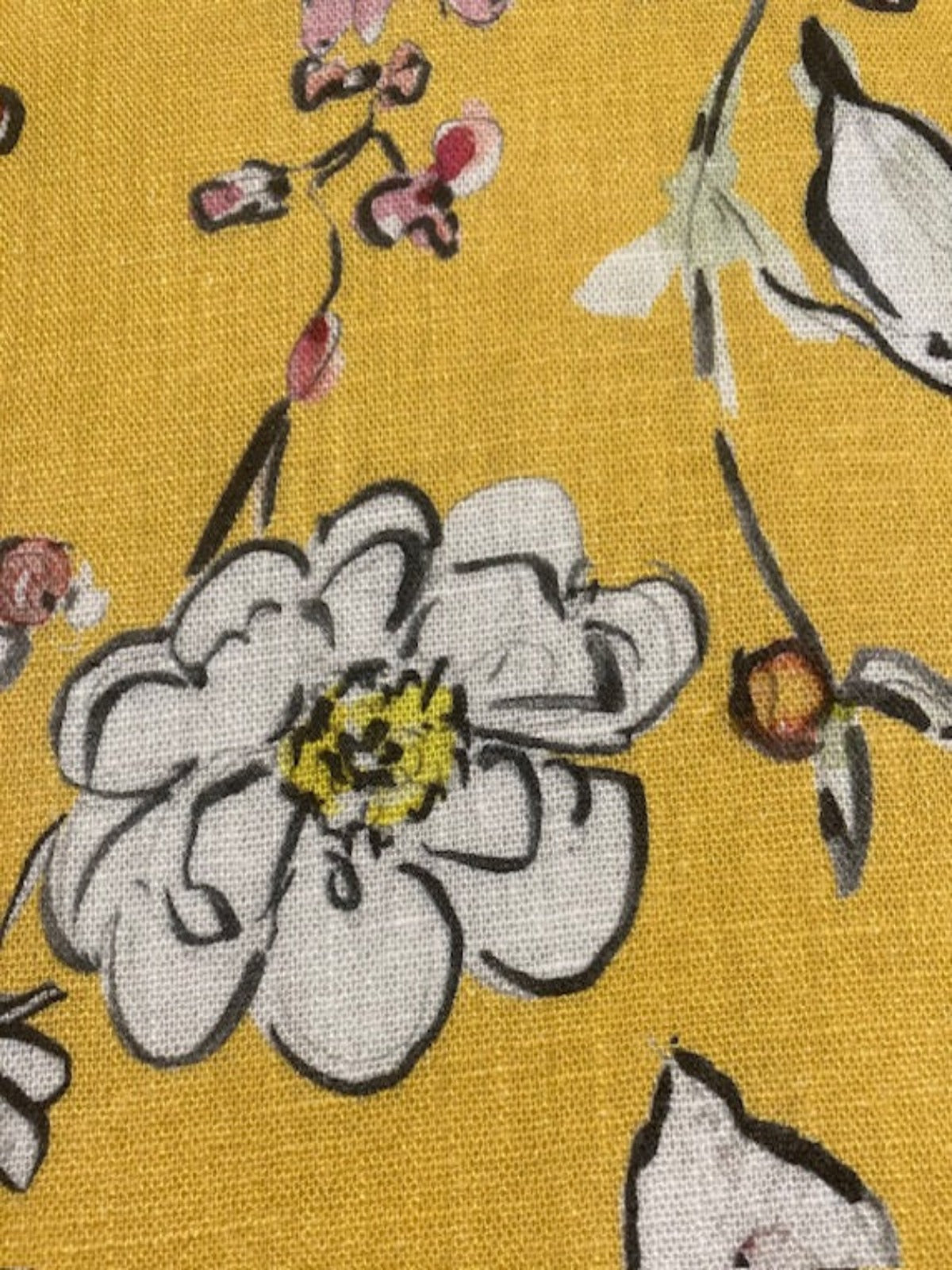 Pink Flowers on Bright Mustard Linen/Rayon