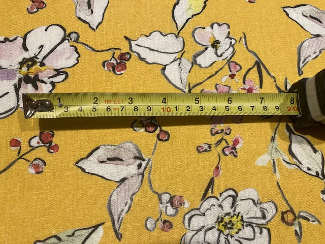 Pink Flowers on Bright Mustard Linen/Rayon