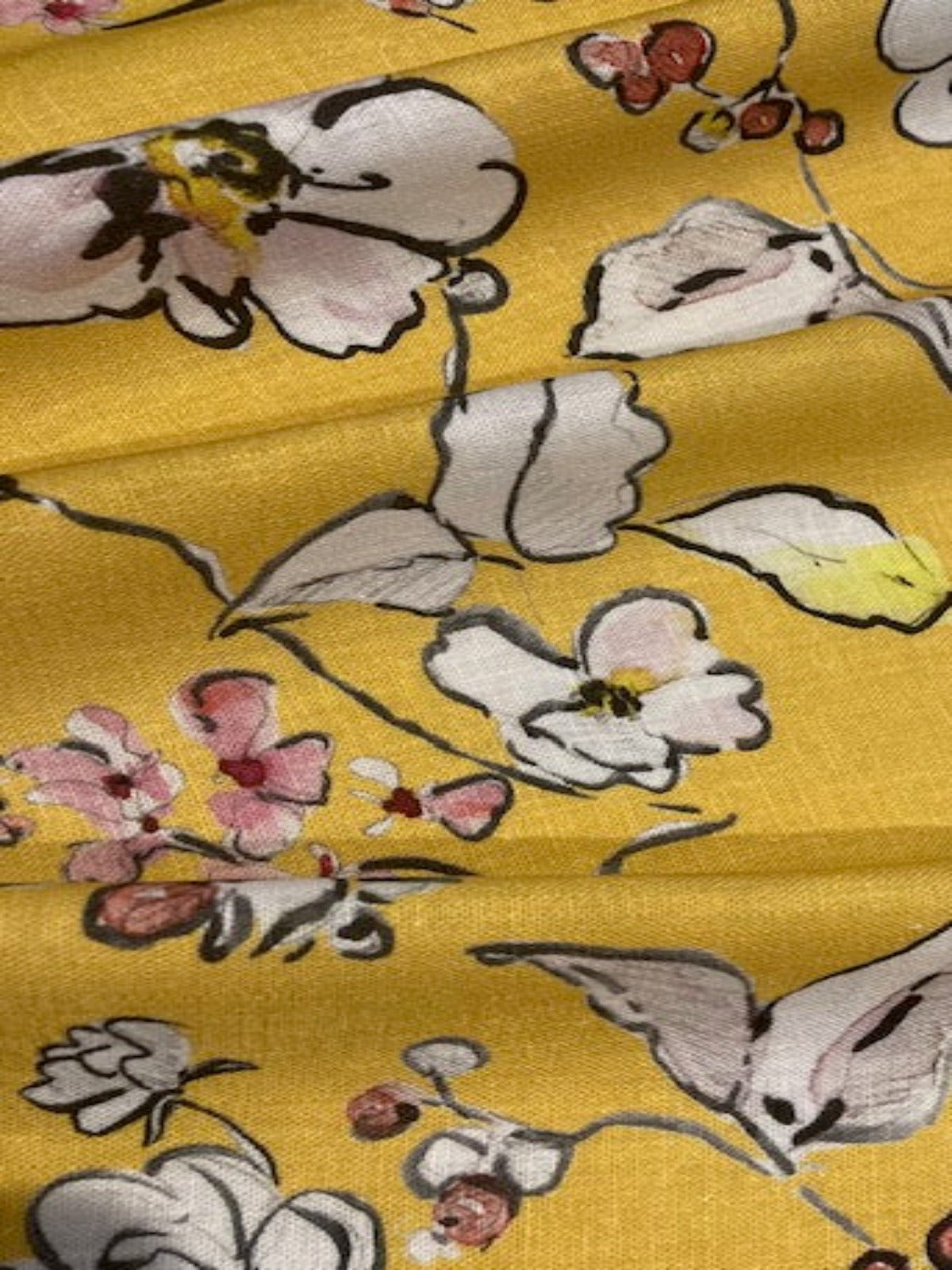 Pink Flowers on Bright Mustard Linen/Rayon