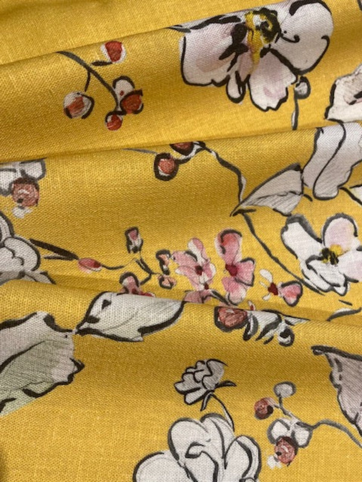Pink Flowers on Bright Mustard Linen/Rayon