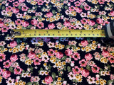 Deep Pink Flowers on Black Lightweight Cotton Corduroy