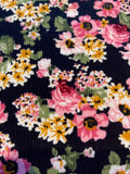 Deep Pink Flowers on Black Lightweight Cotton Corduroy