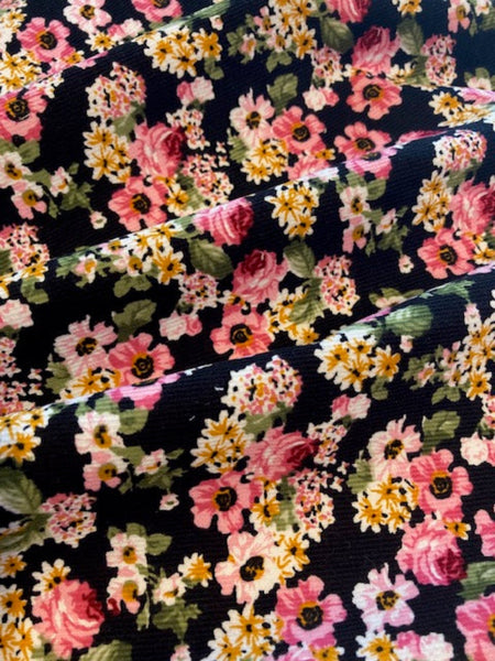Deep Pink Flowers on Black Lightweight Cotton Corduroy