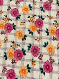 Pink and Orange Flowers with Sketched Trellis on Cotton Lawn