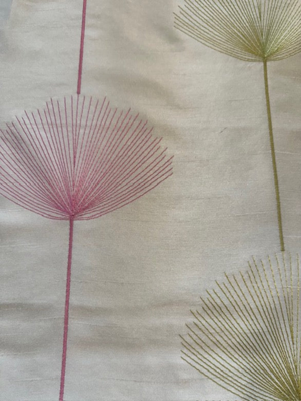 Pink/Lime Fan Plant Embroidery on Ivory Dupion