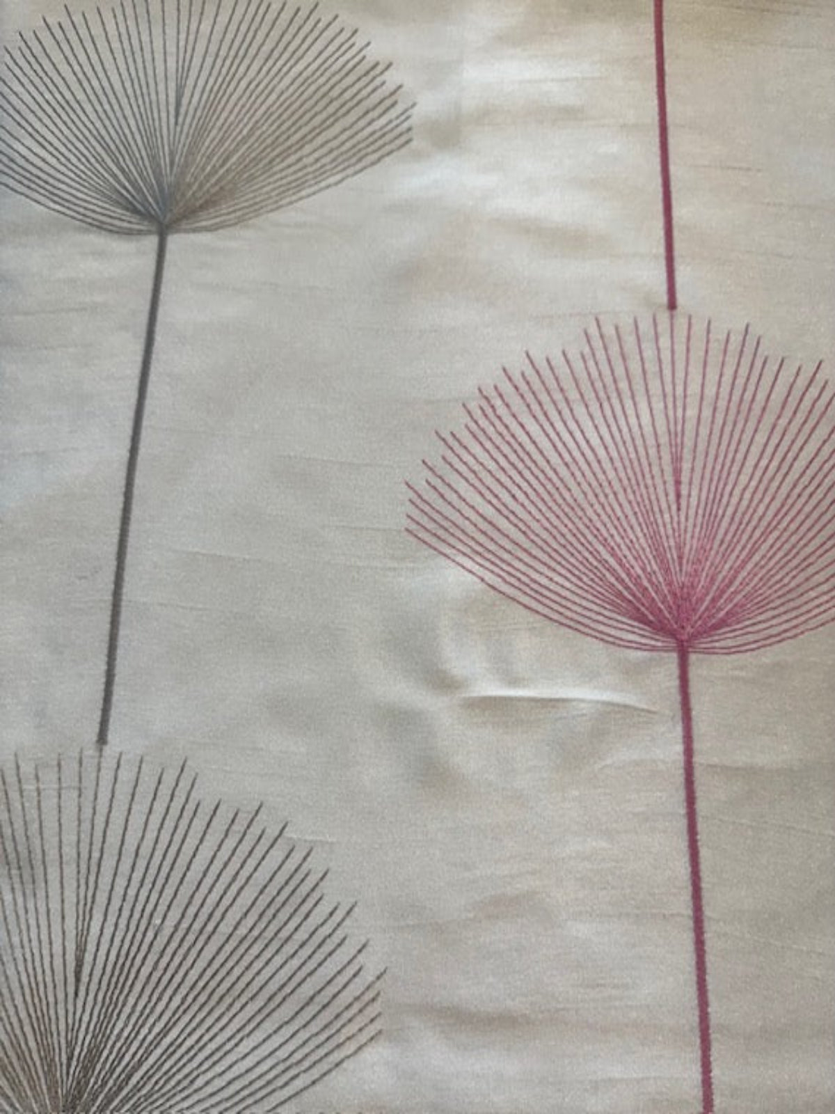 Pink/Lime Fan Plant Embroidery on Ivory Dupion