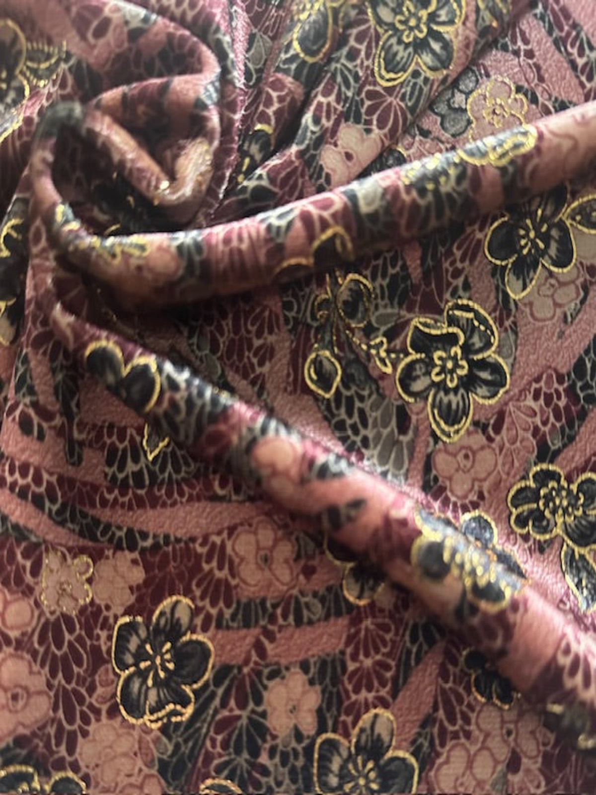 Dusty Pink/Claret Floral with Gold Highlights on Short Pile Velvet