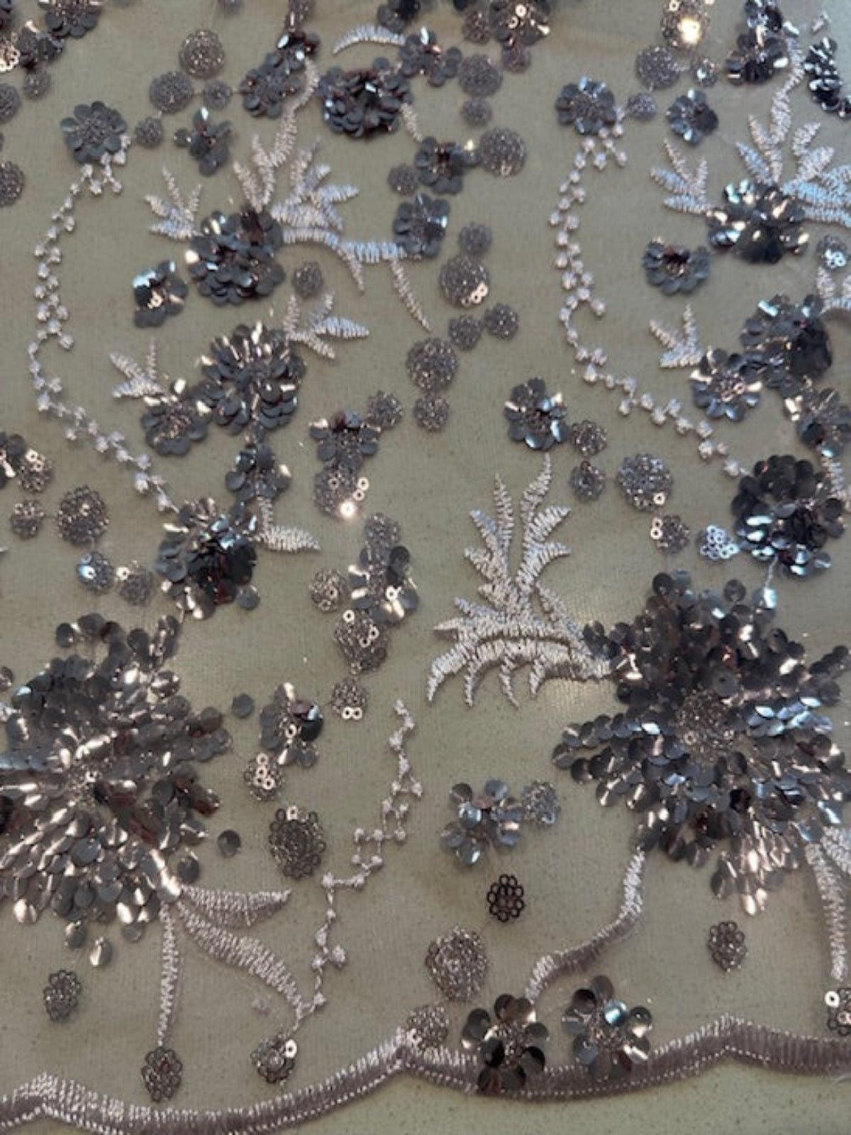 Light Mauve Sequin and Embroidery On Mesh with Scalloped Edge