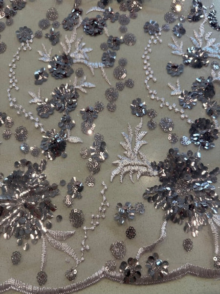Light Mauve Sequin and Embroidery On Mesh with Scalloped Edge