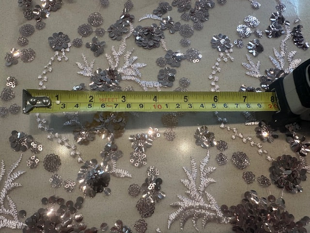 Light Mauve Sequin and Embroidery On Mesh with Scalloped Edge