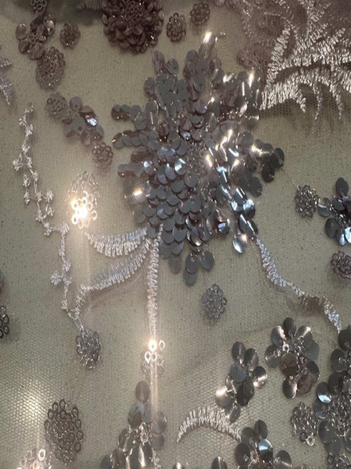 Light Mauve Sequin and Embroidery On Mesh with Scalloped Edge