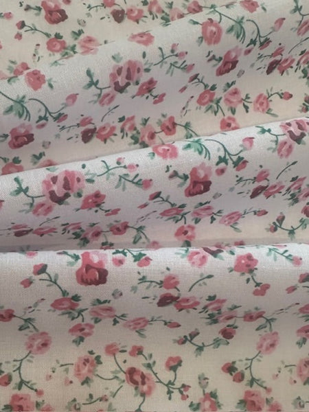 Pink Trailing Floral on White Poly/Cotton