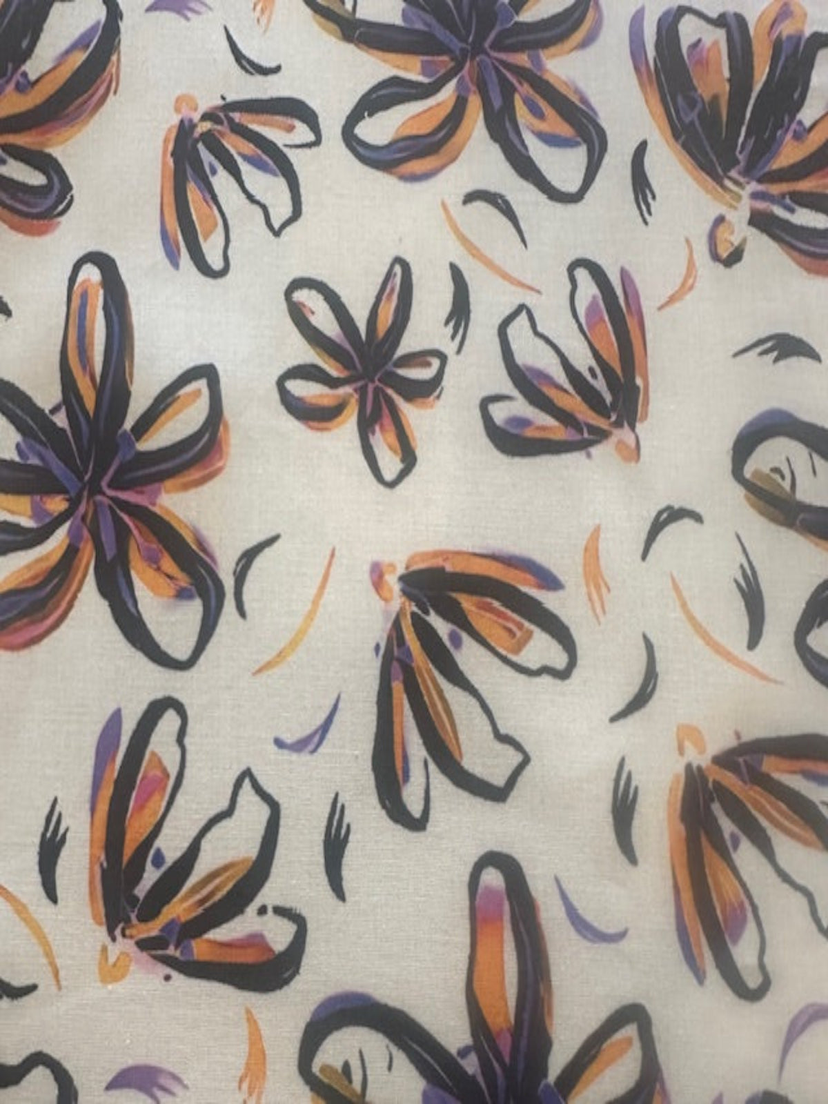 Orange/Purple Sketchy Flower on white Cotton Lawn