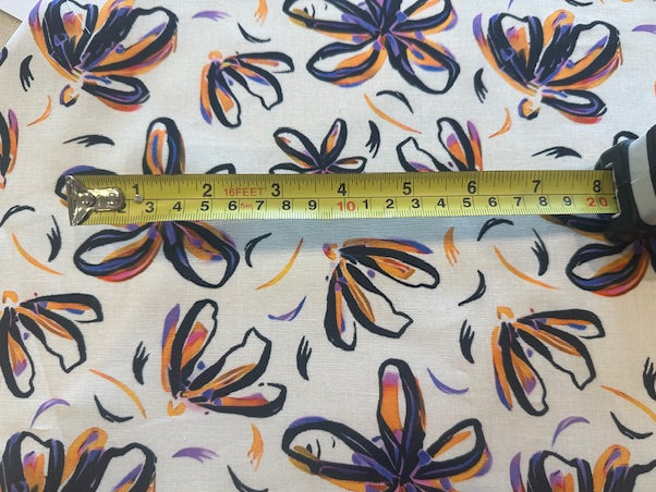 Orange/Purple Sketchy Flower on white Cotton Lawn