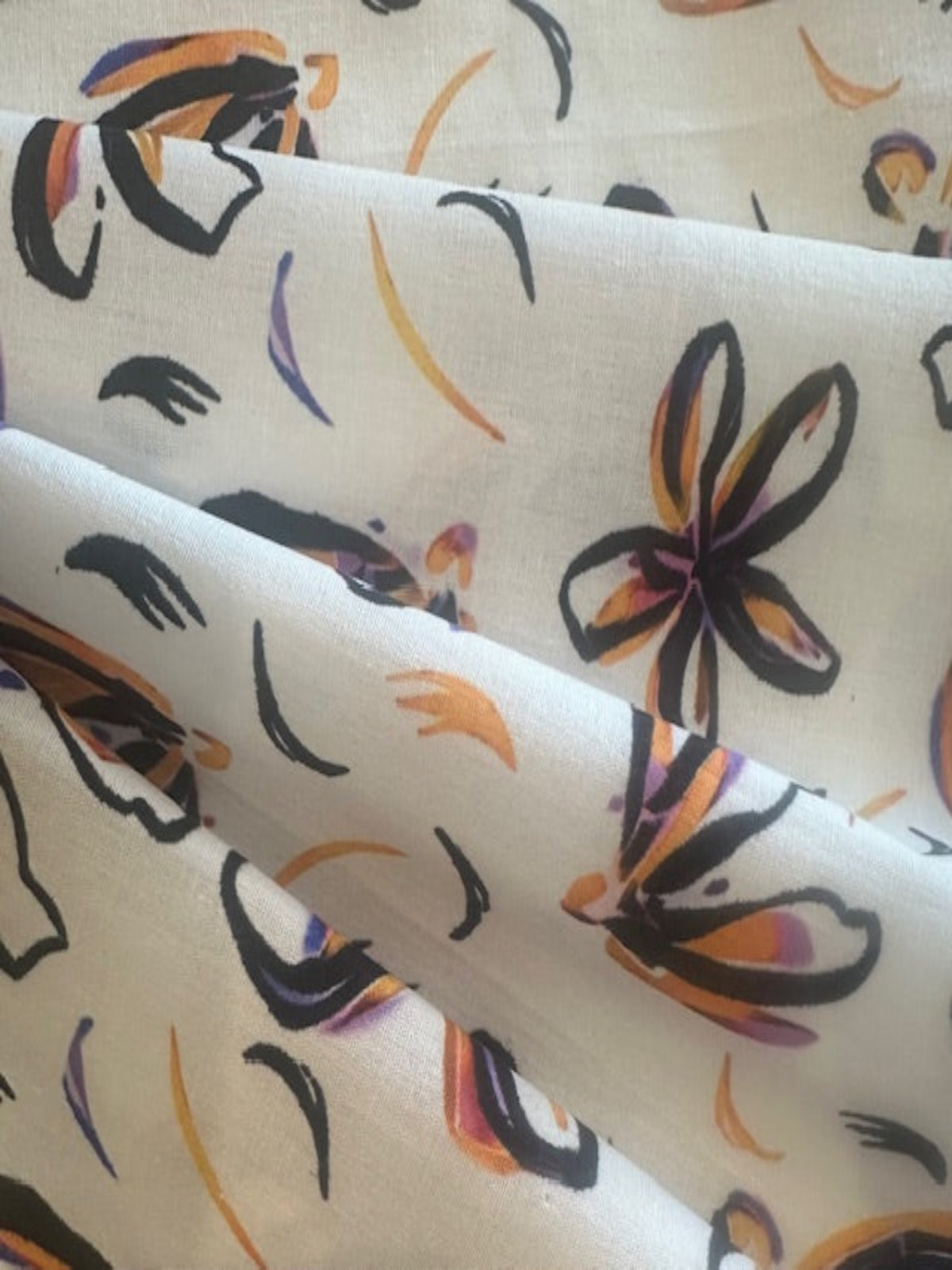 Orange/Purple Sketchy Flower on white Cotton Lawn