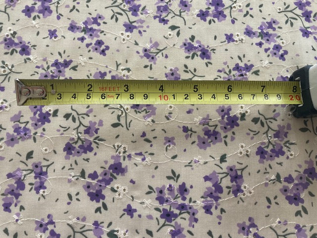 Violet Flower Bunches on Embroidered Broderie Anglais, Cotton Feel