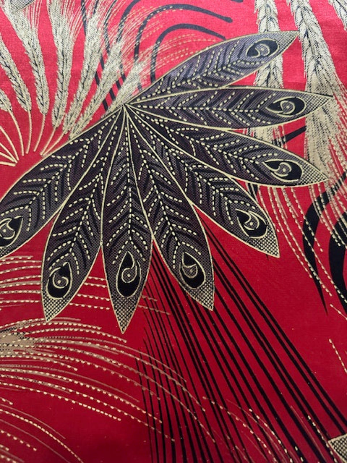 Red Fern & Barley Print Satin with Gold Highlight