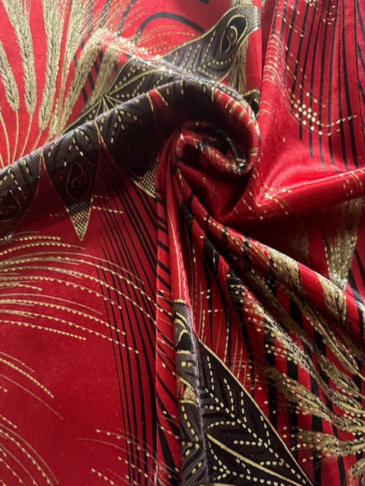 Red Fern & Barley Print Satin with Gold Highlight