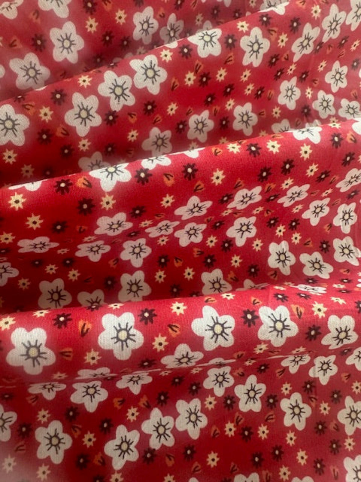 White on Red Small Floral on Cotton Poplin