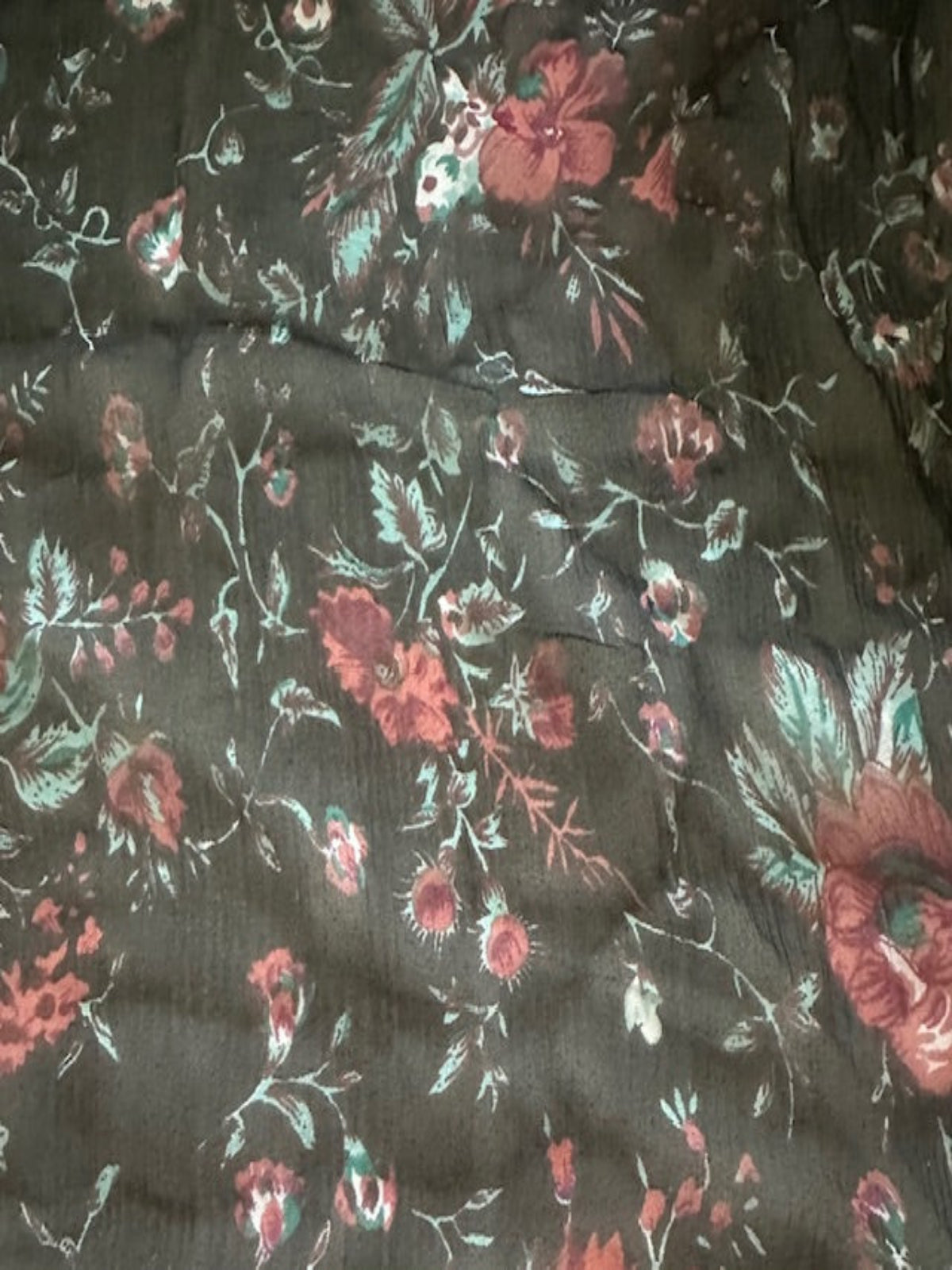 Brick Red Flowers on Black Yoryu Silk Chiffon